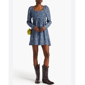 GANNI Dresss Mousseline Mini Crepe Long-Sleeve in Ice Water Blue Floral